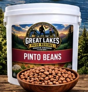 25 lb bucket of Great Lakes Food Reserve pinto beans with a bowl of beans in front
