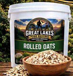 25 lb bucket of Great Lakes Food Reserve rolled oats with a bowl of oats in front